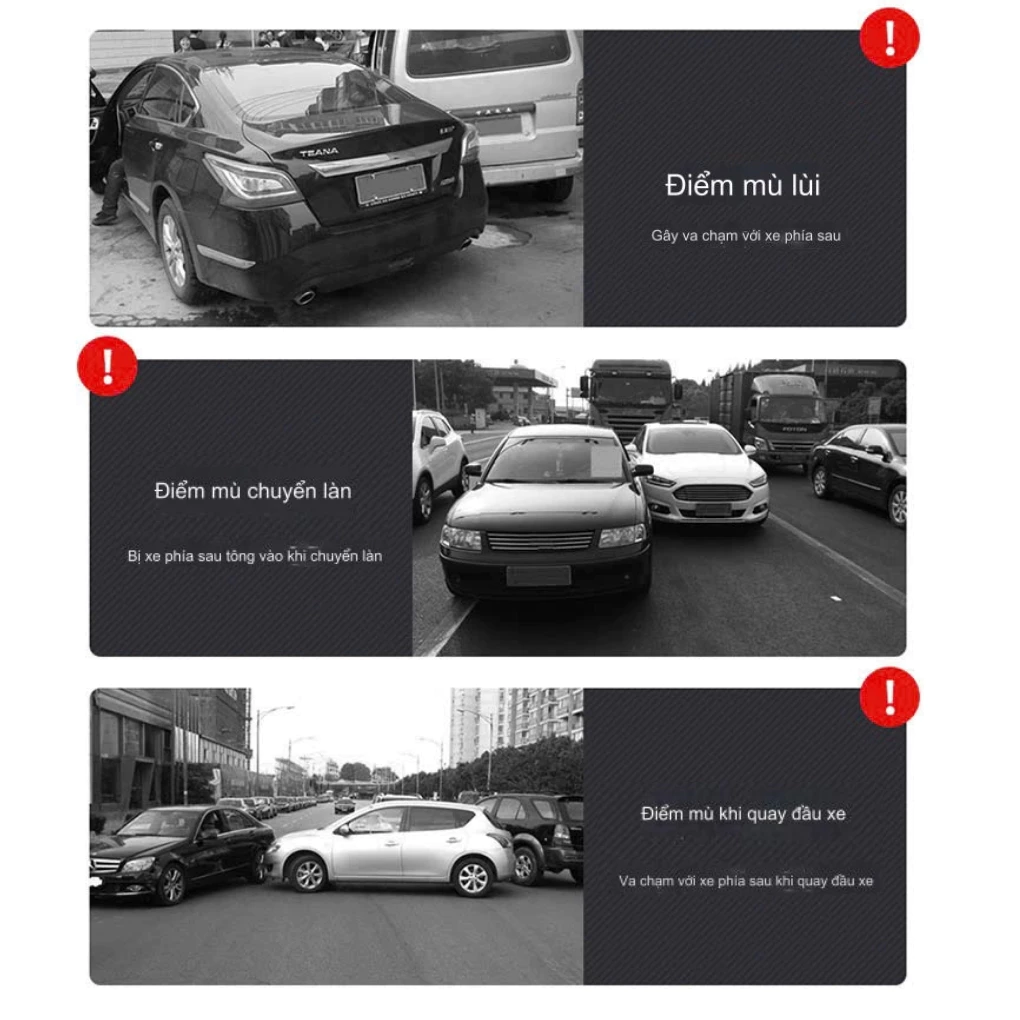 Minh họa các tình huống điểm mù khi lùi và chuyển làn